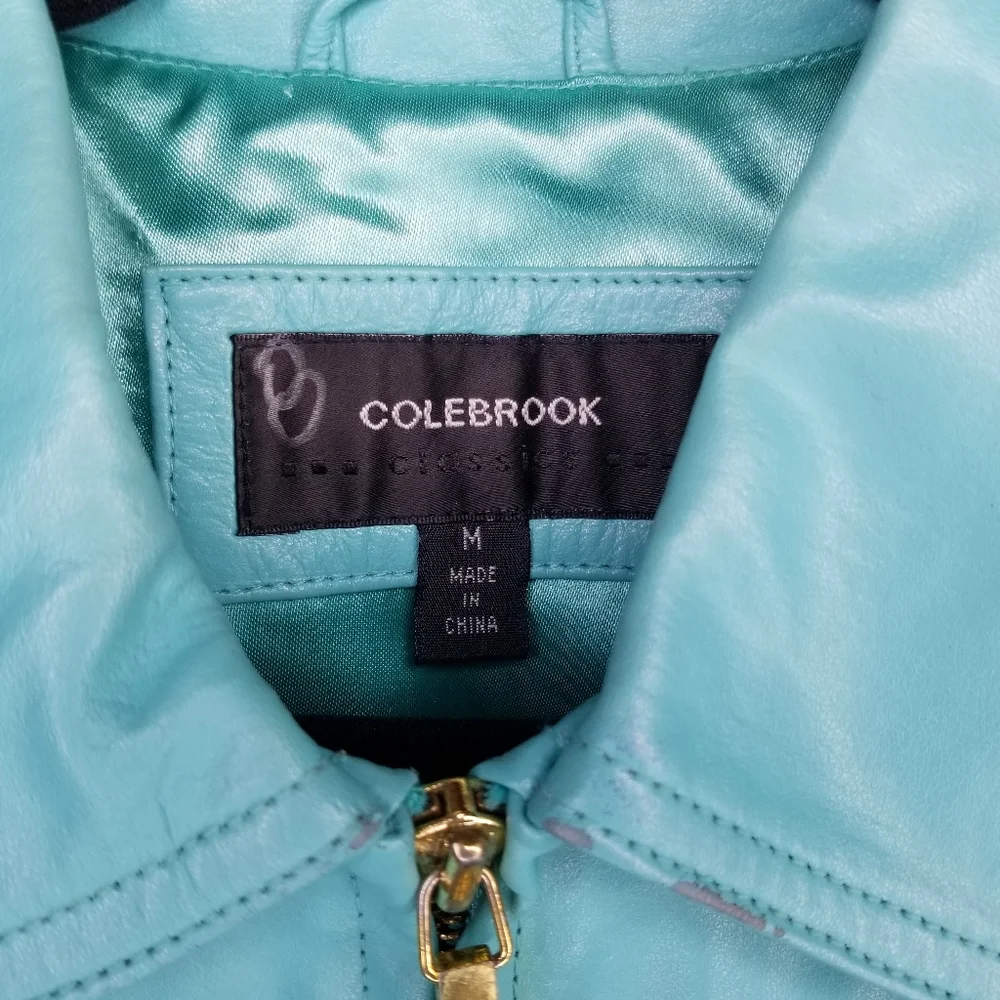 •SOLD• 90s Y2K turquoise leather jacket zip front fitted Colebrook M - Picture 4 of 6